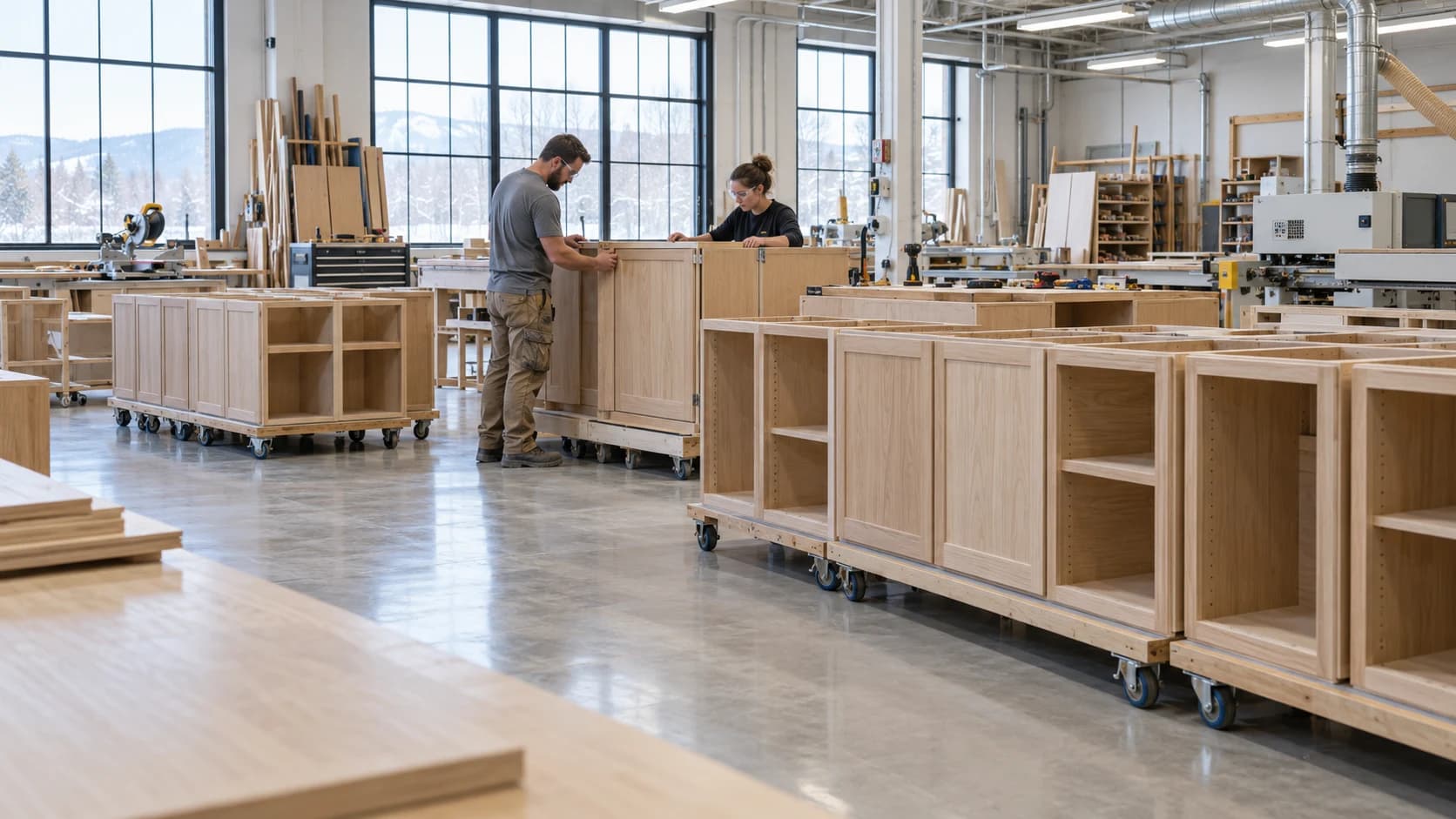 Illustrative photograph of cabinetry production in a bright millwork workshop