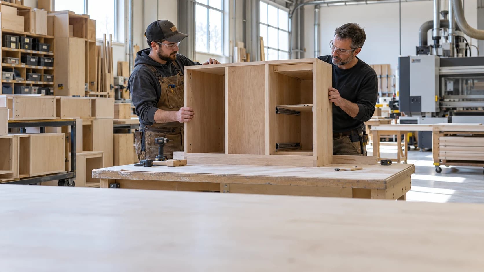 Illustrative photograph of cabinetmakers inspecting an oak cabinet